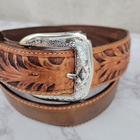 Tony Lama Brown Leather Floral Tooled Belt with Silver Buckle Top Hand - Picture 3 of 16